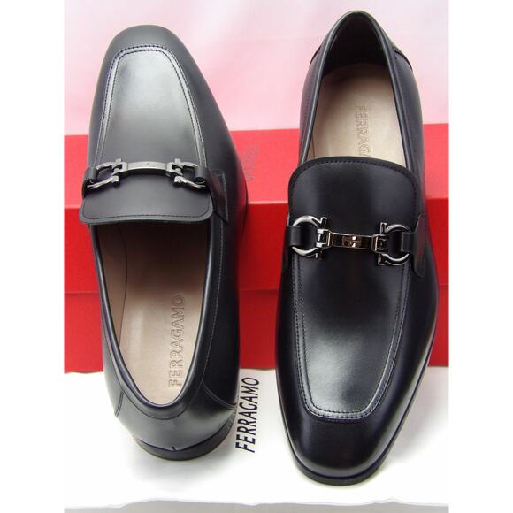 NIB FERRAGAMO REE BLACK LEATHER LOGO GANCINI LOAFERS 13 EE ITALY main image 9